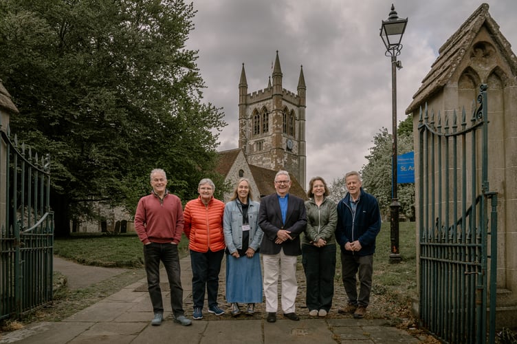 From left, Matthew Elliott, Lynn Attwood, Caroline Walker, Revd David Uffindell, Emma Dear and Jeremy Thorp outside St Andrew's Church. (Photo by Natalia Sharomova)