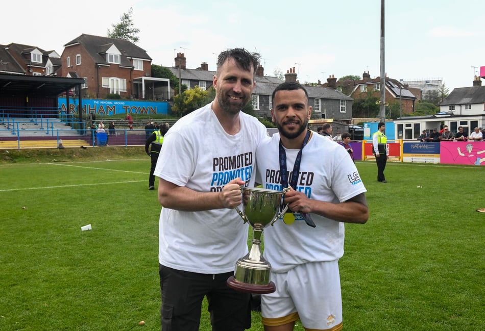 <p>Farnham Town manager Paul Johnson (left) and Billy Clifford will face AFC Totton</p>