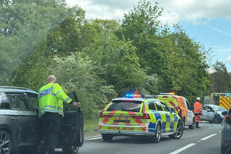 Police and ambulance on the A31 at Hogs Back following a collision on May 6, 2026.