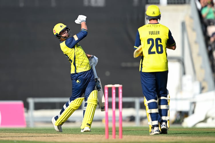 Hampshire batter James Vince celebrates during the Men's Vitality Blast match between Hampshire Hawks and Sussex Sharks at Utilita Bowl (Photo: Dave Vokes/Hampshire Cricket)