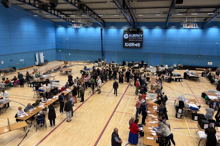The Waverley area count for the West Surrey election at Surrey Sports Park in Guildford.