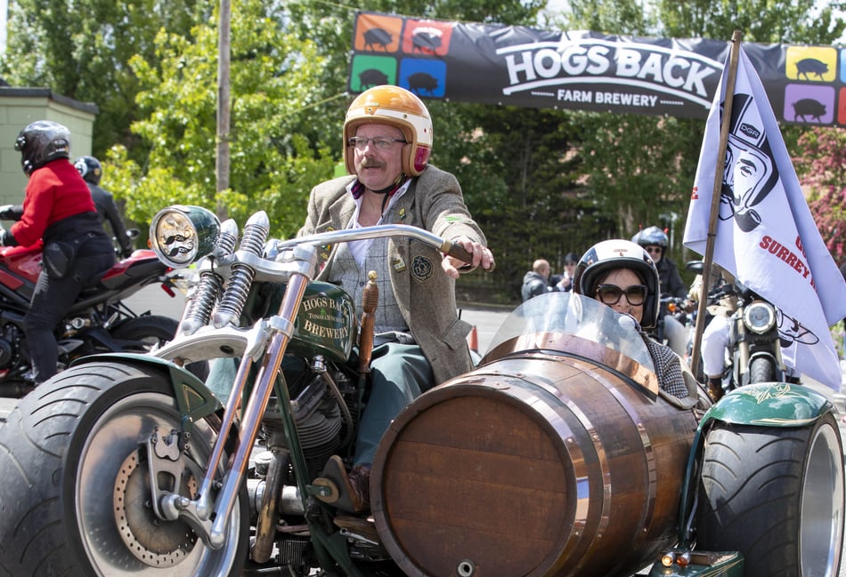 <p>The Hogs Back Brewery’s custom-built Battistini Beer Engine motorbike, complete with beer barrel sidecar. Credit: Dave Pullinger, IG: @pullingerspics</p>