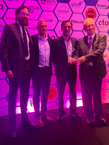 Left to right – Award sponsor, Thomas Atkinson, FourEv; Richard Davies, hoppa, Dr Alex Howard, Clipper Automotive and Rob Stansbury, hoppa.