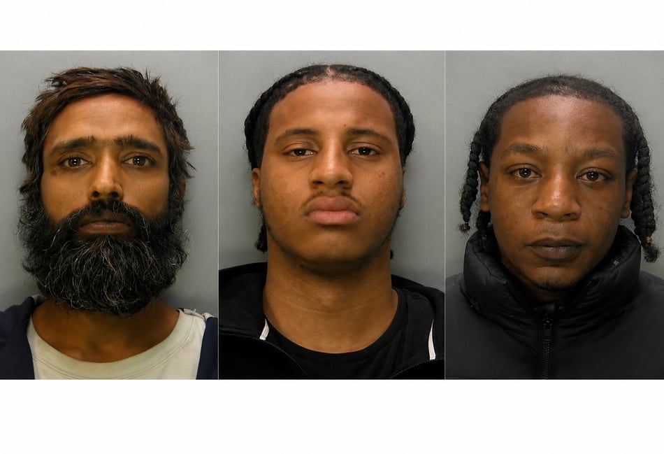 <p>Left to right, Amish Patel, Jaipaul Johnson and Kenan Mitchell, who were sentenced after Surrey Police dismantled a county lines drugs network.</p>