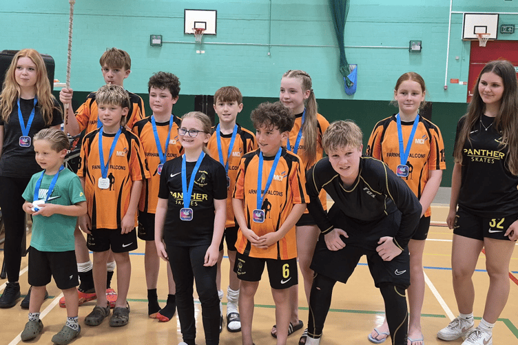 Farnham Roller Hockey Club's under-13 side with their national final runners-up medals, Peterborough, June 28th 2026.