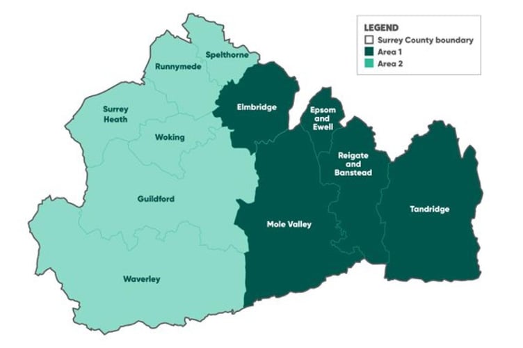 A map of the West and East Surrey authority areas.