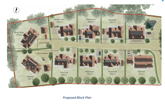 Proposed site plan for Great Hookley Farm, showing the layout of the nine new homes and commercial building. Credit: The