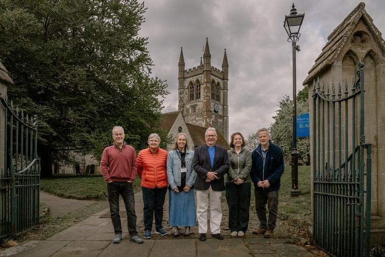 From left, Matthew Elliott, Lynn Attwood, Caroline Walker, Revd David Uffindell, Emma Dear and Jeremy Thorp outside St Andrew's Church. (Photo by Natalia Sharomova) (Natalia Sharomova)