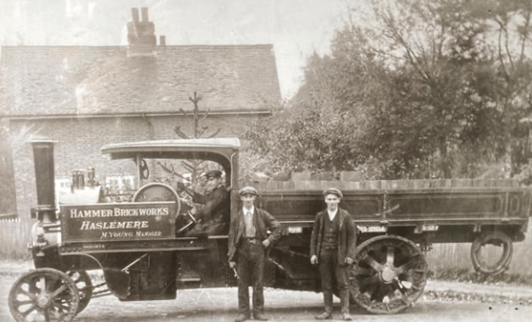 Workers with a Hammer Brick Works steam wagon in Haslemere during the brickworks' heyday.