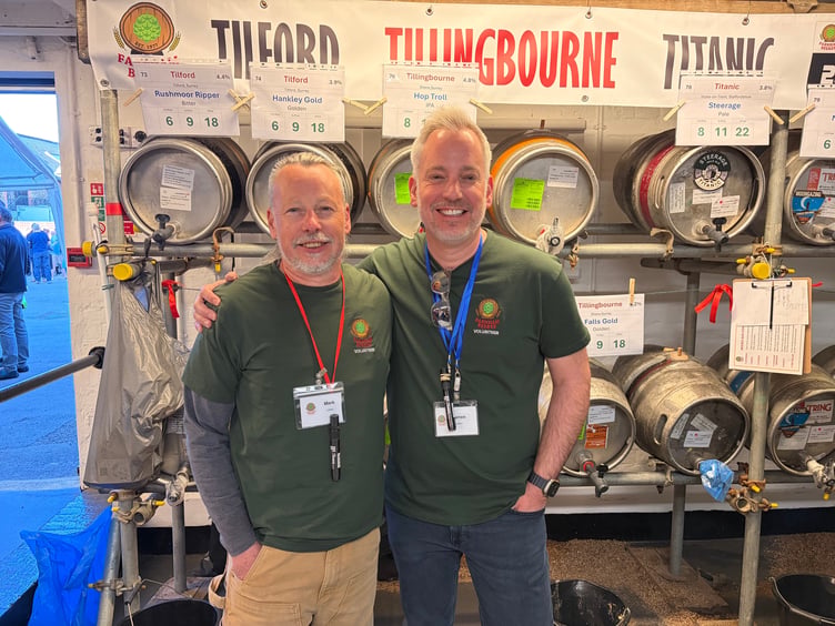 Mark Collins, right, with his brother, of Tilford Brewery at the recent Beerex festival.
