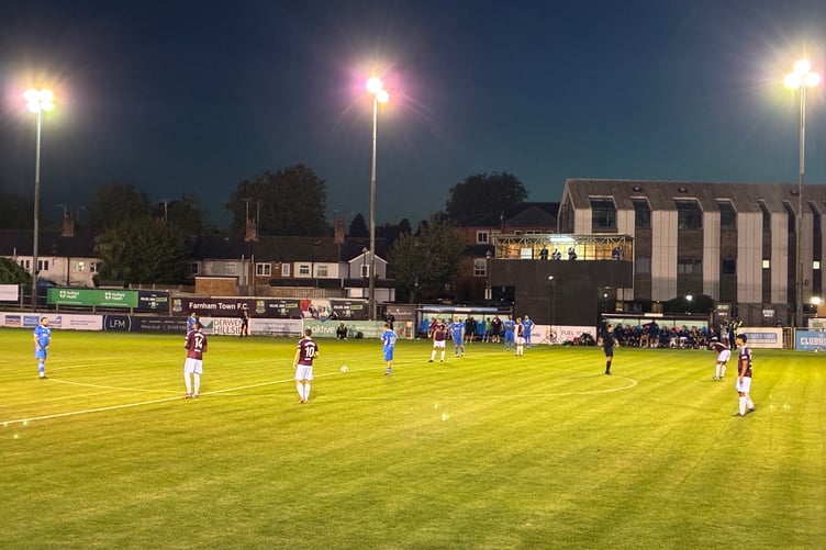 Action from Farnham Town's FA Cup second qualifying round replay against Cirencester Town
