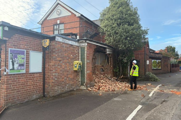 The damage to the side of the Co-op shop in Recreation Road, Rowledge.