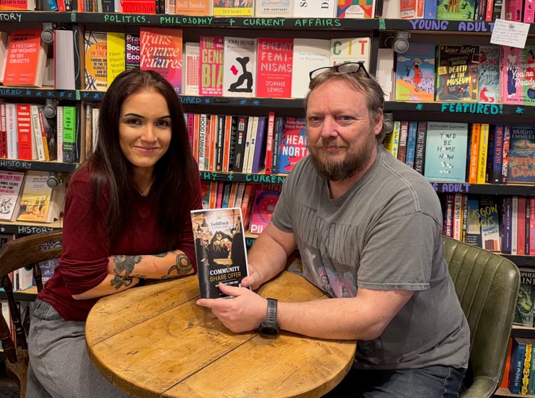 Goldfinch Books owner Gary Clark and his co-manager Ella Clark with the Community Share Offer document, October 26th 2026.